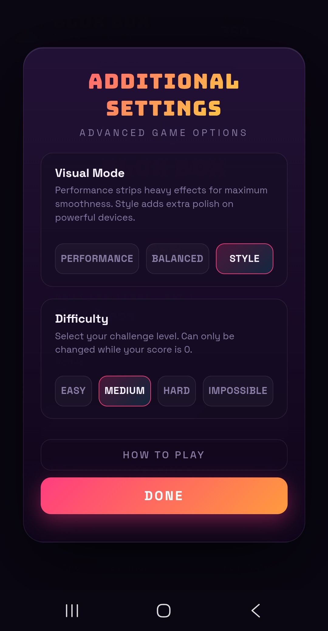 The difficulty and visual mode selector in Blox Box's settings