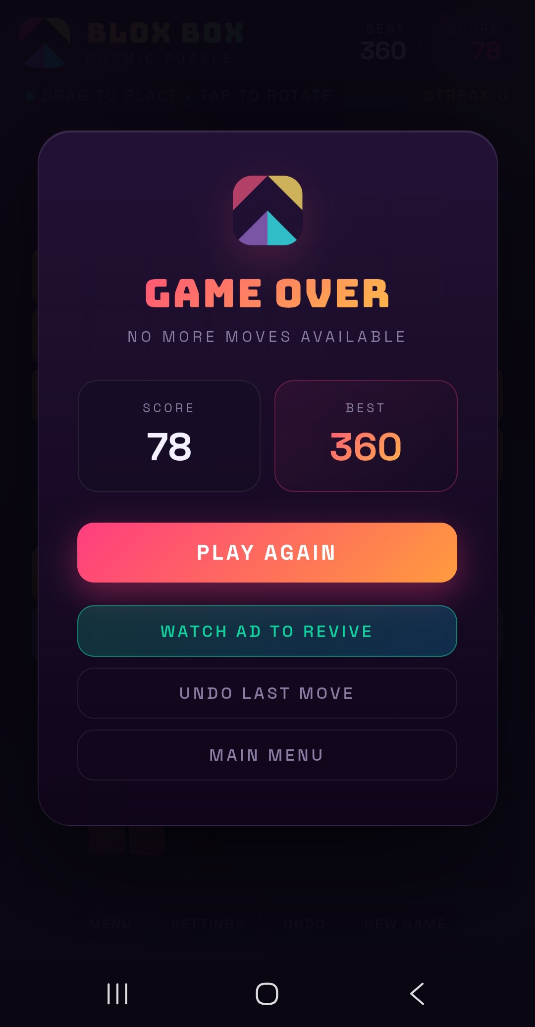 The Game Over screen with the Revive option in Blox Box