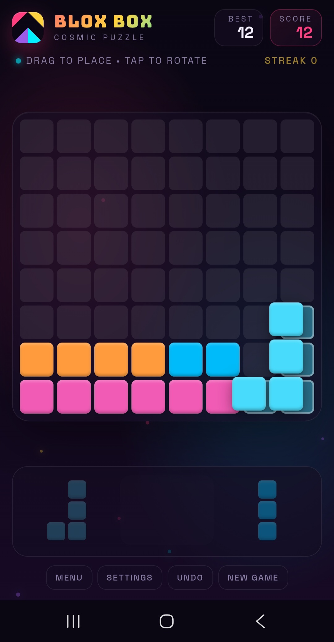 Dragging a piece onto the Blox Box grid mid-game